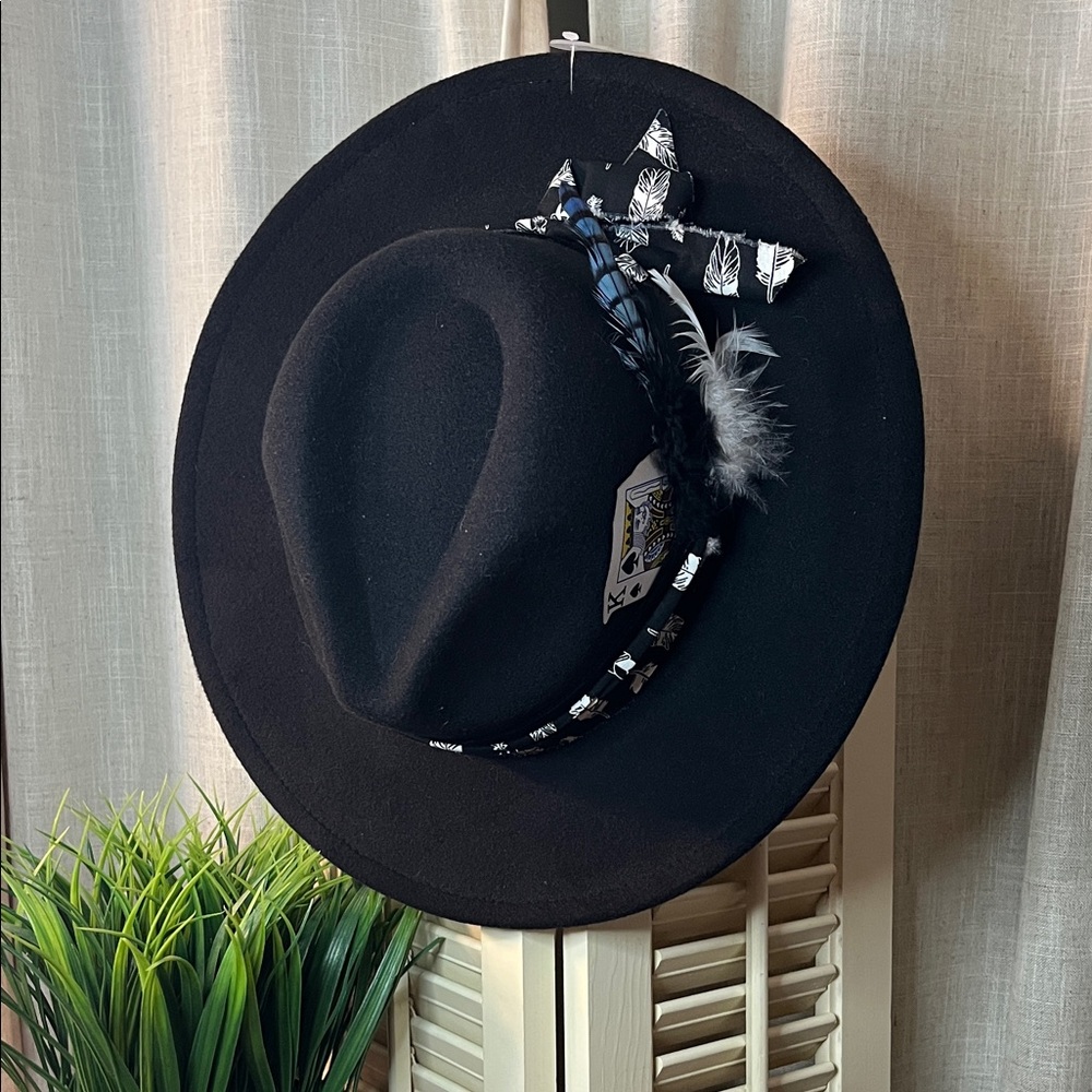 Black Fedora Hat with Feather Accent